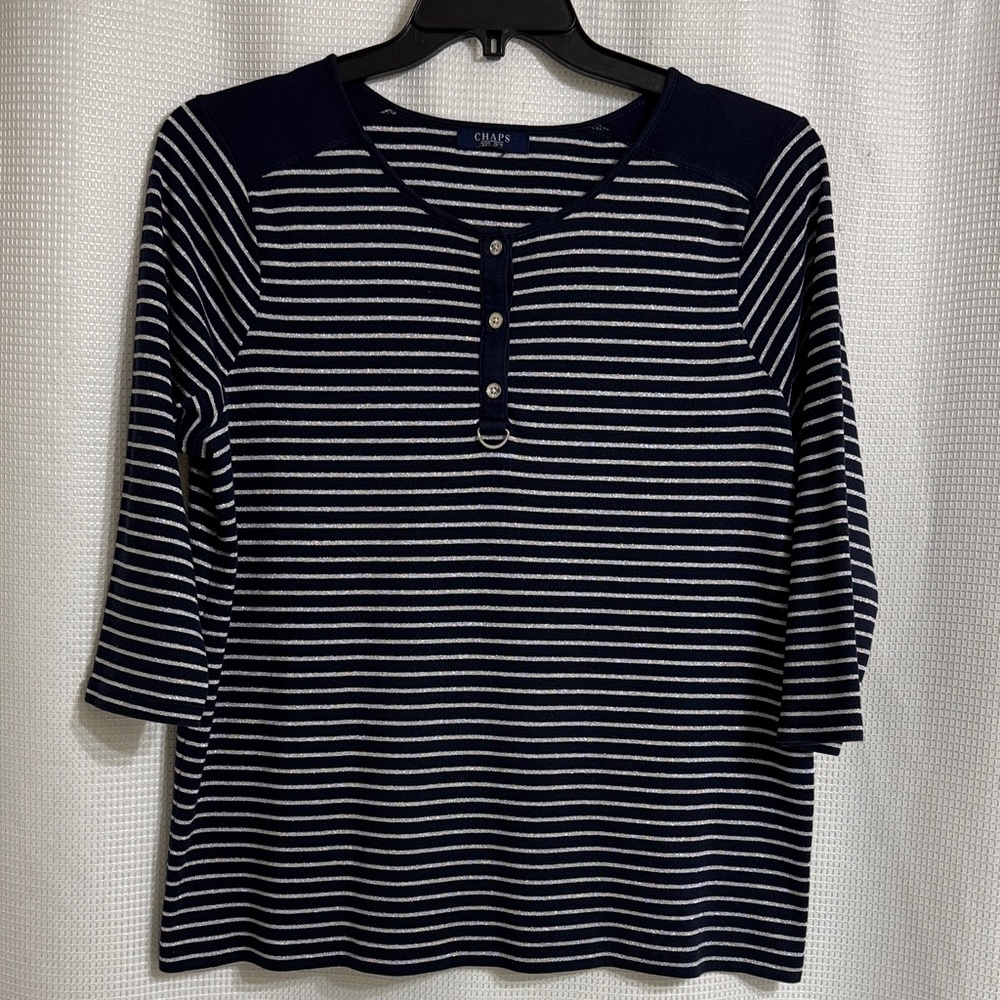 Chaps Navy & silver 3/4 sleeve top. Size XL (See measurements).